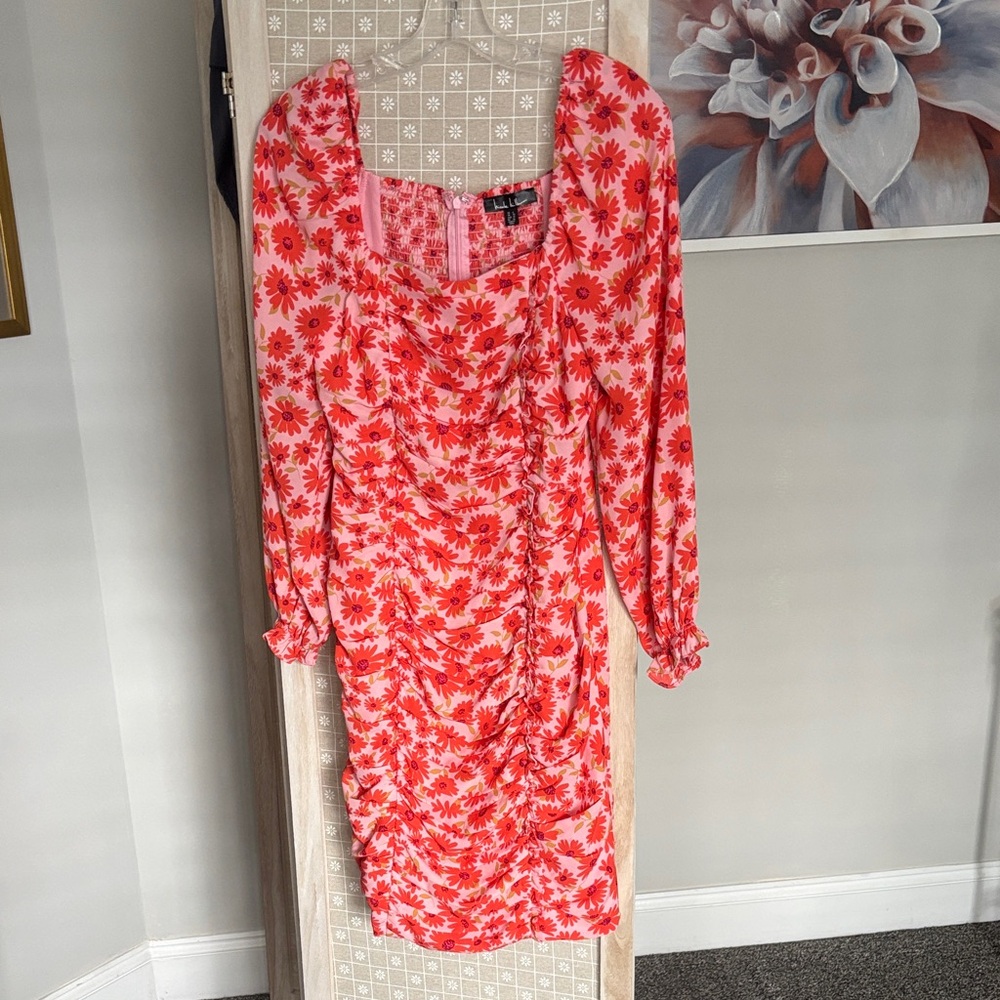 Nicole Miller Pink and Orange Floral Long Sleeve Dress